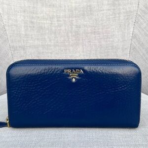 Prada Grained Leather Long Wallet Blue